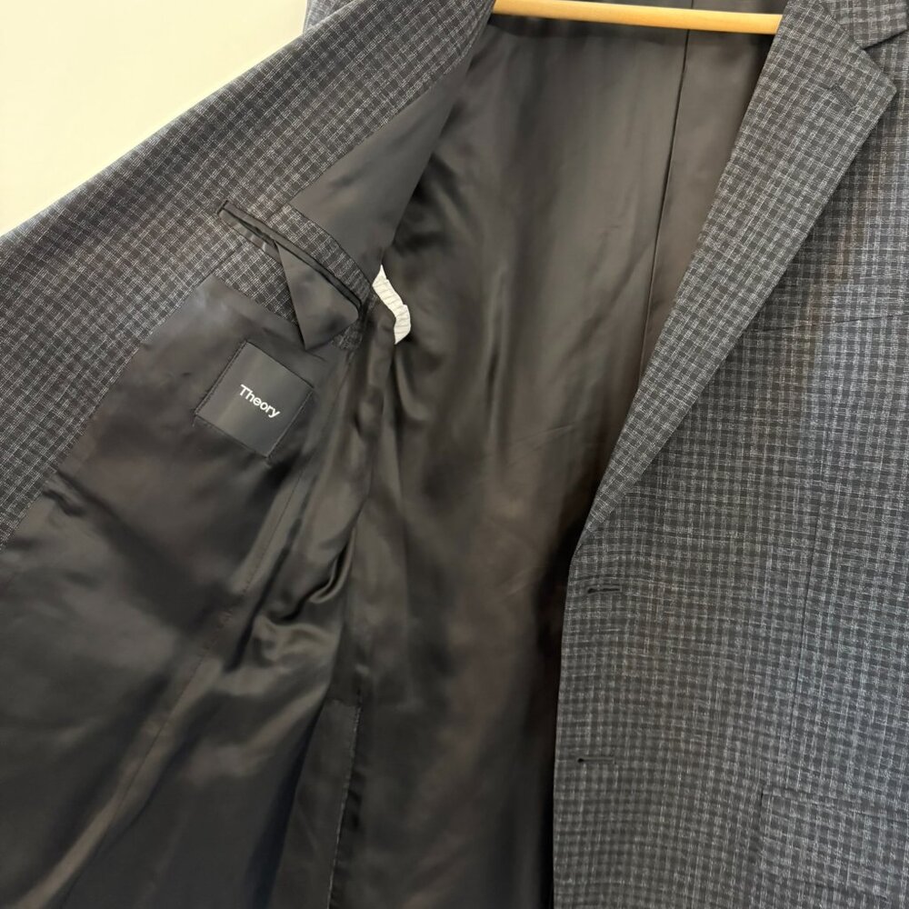 Theory Grey Suit Set In Charcoal Check Wool-Cotton - image 6